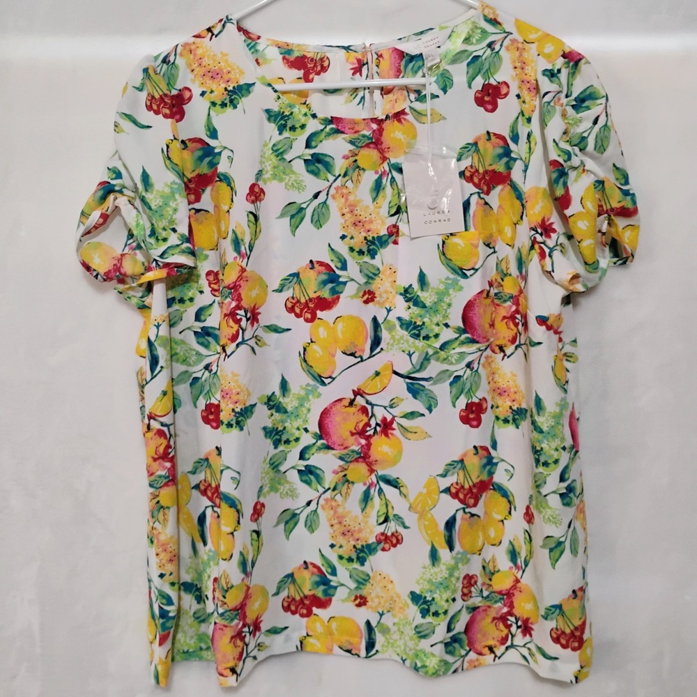 LC Lauren Conrad Fruit Print Blouse XL White Lemon Cherry Short Sleeve Top NEW